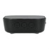 A black Bluetooth speaker with control buttons on the front and a sleek, rectangular design.
