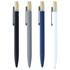 A collection of four recycled aluminium pens with bamboo clickers in black, grey, navy, and white. Each pen has a clip.