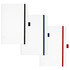 A collection of white bound journals featuring black, blue, and red accents, each with a logo.