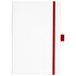 A white bound journal with red accents, featuring a coloured elastic band and a bookmark. It has a logo on the cover.