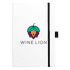 A white bound journal with black accents featuring a colourful logo.