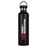 A drink bottle made of stainless steel, featuring a black body and a logo, with a capacity of 1 litre.