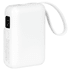 A white power bank with a slim design and a strap, featuring a digital display and logo.