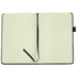 A black A5 notebook with recycled paper, featuring lined pages and a ribbon bookmark.