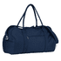 A navy blue duffle bag with a zippered main compartment and sturdy handles, featuring a small front pocket and branding.