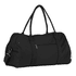 A black duffel bag with dual handles, a shoulder strap, and a front zip pocket. It has a logo on the side.