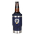 A drink bottle in navy blue with a stainless steel bottom, designed to hold a beer bottle, featuring a logo.