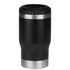 A drink bottle with a sleek black exterior and stainless steel base, featuring an integrated cooler design.