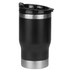 A drink bottle featuring a sleek black body with a stainless steel base and a black lid, complete with a logo.