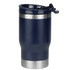 A drink bottle in navy blue with a stainless steel base and a flip-top lid. It features a logo.