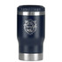 A drink bottle in navy blue with a stainless steel base and a logo featuring a van and mountains.
