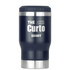 A drink bottle with a dark blue finish and a stainless steel base, featuring a logo.