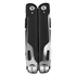 A multi-tool with a black and silver design, featuring various tools in a compact, foldable form. It has a logo.