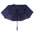 A navy blue vented tipless golf umbrella with a sturdy frame and handle, featuring a logo.