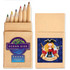 A pencil set featuring six colored pencils in a natural wooden finish, contained in a kraft paper sleeve with branding.