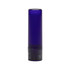 A lip balm stick packaged in a blue cylindrical tube, featuring a black base with ingredient information on the label.