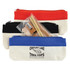 A set of three zippered pencil cases in red, black, and blue with a contents bag featuring wooden items and a sharpener.