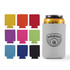 A stubby cooler in grey with a logo, surrounded by nine colourful options in yellow, red, orange, pink, purple, blue, and black.