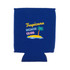 A blue stubby cooler featuring a logo with a palm tree and tropical island design.