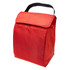 A red cooler lunch bag with a flap and a black carrying handle, designed for keeping food and drinks cold.