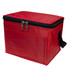 A red cooler bag featuring a zippered closure and a side handle. It has a smooth exterior with an empty front pocket.