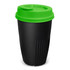 A drink bottle in black with a green lid, featuring ribbed sides and a secure top. It holds 470ml.