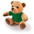A plush teddy bear with brown fur, sitting and wearing a green shirt. It has large black eyes and a friendly expression.