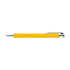 A yellow metal pen with chrome accents and a sleek design, featuring a branding logo.