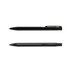 A set of black metal pens, showcasing a sleek design with a clip. Both pens have a shiny finish.