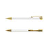 A gold and white metal pen with a sleek design, featuring a gold clip and accents.