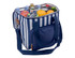 A navy cooler bag with white stripes, containing drinks, fruit, and has a small front pocket.