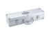 An aluminium BBQ set case with a silver finish and a sturdy handle, featuring a logo on the surface.