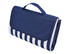 A navy picnic rug with white stripes, featuring a convenient carrying handle and a folded design.