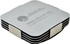 A set of silver coasters stacked together, featuring a sleek design with a logo and contact information.