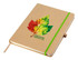 A brown A5 notebook with a colourful leaf design, featuring an elastic band closure and a logo on the cover.