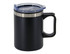 A double wall mug in matte black with a clear lid and stainless steel accent, featuring a sturdy handle.