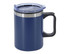 A double wall travel mug in navy blue with a stainless steel band and a clear plastic lid. Features a black handle.