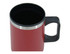 A travel mug in a vibrant red colour with a black interior and a sturdy handle. It features a silver accent band.