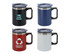 A double wall travel mug in black, navy, red, and white, each with a handle and a lid. Some feature logos.