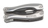 A stainless steel multi-tool with a sleek design, featuring a logo and various tools integrated into the body.