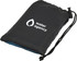 A black microfibre towel neatly folded in a pouch with a mesh bottom and a logo.