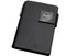 A black notebook with a clasp and a logo, designed for office use.