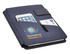A navy hands-free A5 portfolio featuring a phone holder and a pocket for business cards, with a logo on the front.