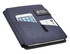 A dark blue hands-free A5 portfolio featuring a phone pocket and a business card slot, with a logo on the front.