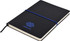A black A5 notepad with a blue elastic band and a logo on the cover. The pages are cream-coloured.