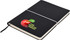 A black A5 notepad with an elastic closure and a logo featuring an apple and text.
