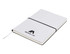 A white A5 notepad with a black elastic band and a logo on the cover. The pages are blank inside.