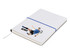 A white A5 notepad featuring an illustration of a soccer player and a blue elastic band closure.