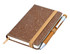 A brown bonded leather notebook with an elastic band and a pen attached, featuring a textured cover.
