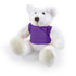 A plush teddy bear with a white body and a purple shirt. The bear features black eyes and a small brown nose.